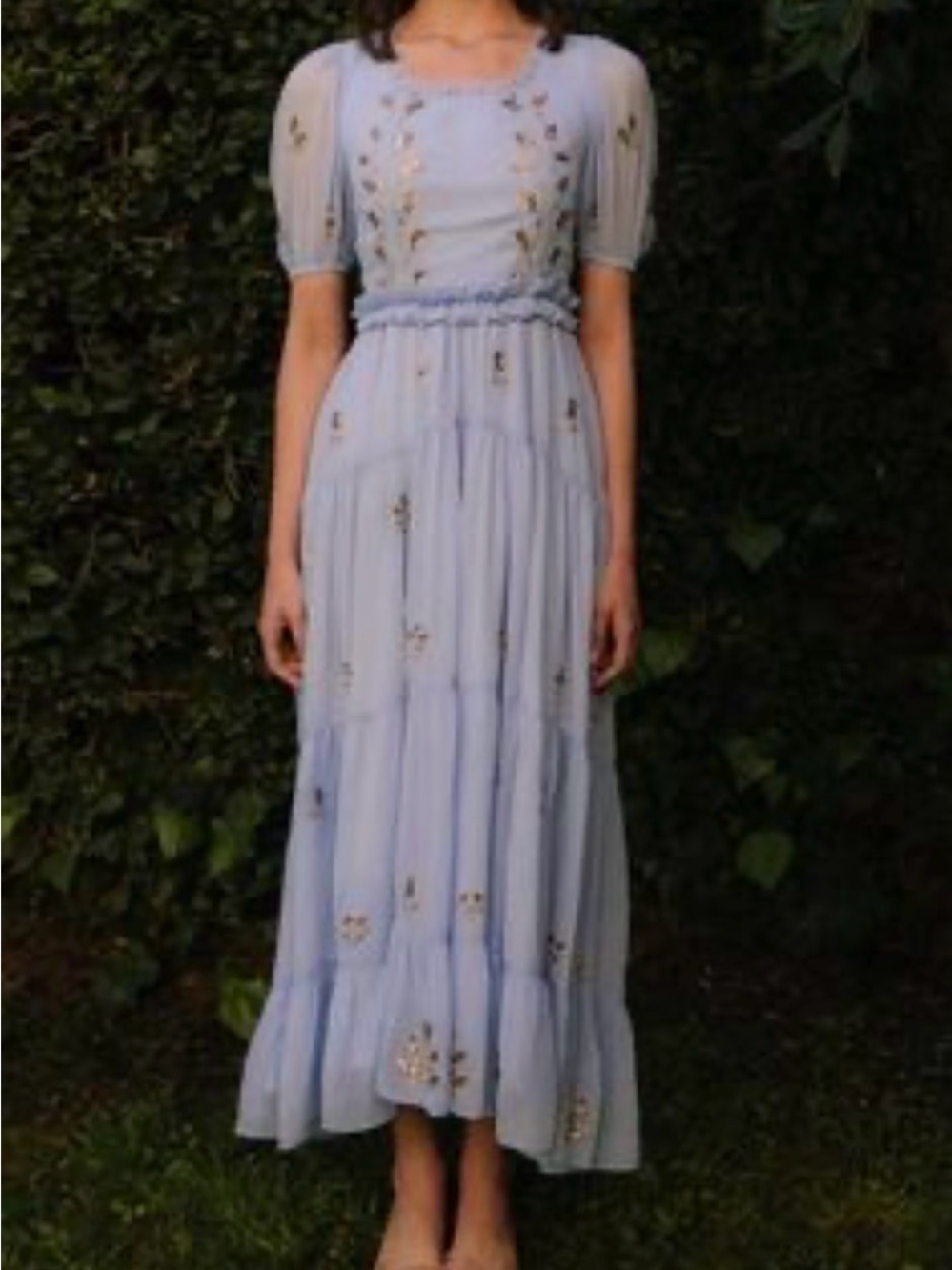 Ivy City Co Folklore Sequin Embroidered Baby Blue Maxi Dress Size 12